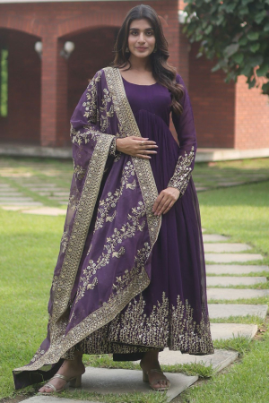 Purple Embroidered Anarkali Gown with Dupatta