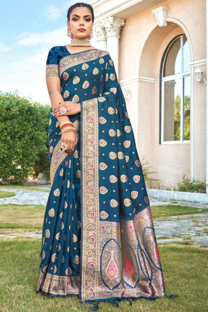 Peacock Blue Banarasi Silk Woven Saree