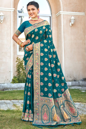 Teal Green Banarasi Silk Woven Saree