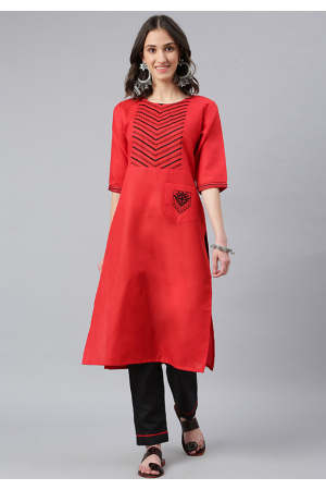 Candy Red Embroidered Cotton Silk Kurti with Pant