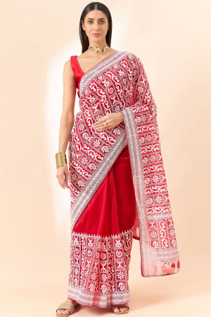 Candy Red Embroidered Organza Saree
