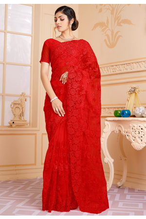 Candy Red Resham Embroidered Net Saree