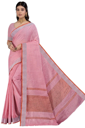 Carnation Pink Cotton Linen Saree with Zari Border