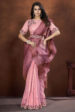 Carnation Pink Crepe Satin Silk Saree with Readymade Blouse