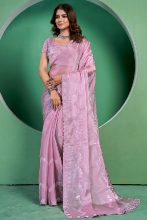 Carnation Pink Embellished Silk Saree for Party
