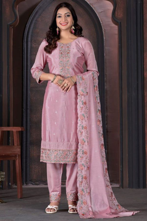 Carnation Pink Embroidered Chinnon Pant Kameez