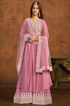 Carnation Pink Embroidered Faux Georgette Palazzo Kameez