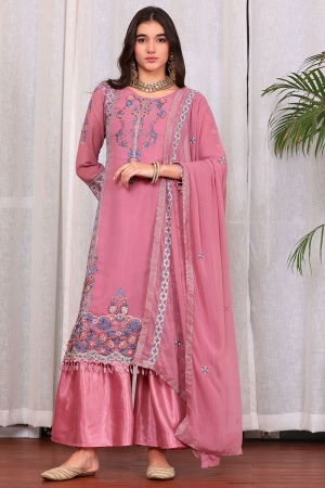 Carnation Pink Embroidered Georgette Palazzo Kameez
