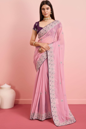 Carnation Pink Embroidered Georgette Saree for Party