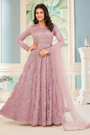 Carnation Pink Embroidered Net Anarkali Dress
