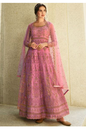 Carnation Pink Embroidered Net Anarkali Suit