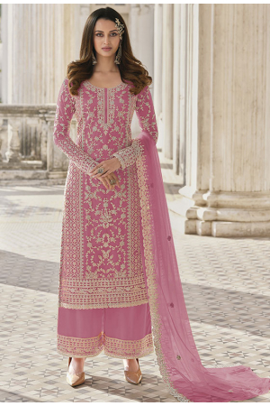 Carnation Pink Embroidered Net Palazzo Kameez