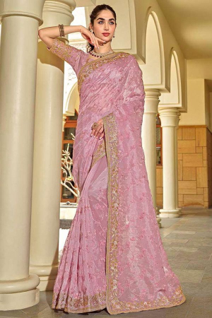 Carnation Pink Embroidered Silk Designer Saree