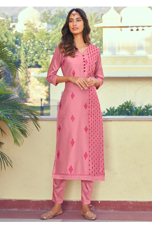 Carnation Pink Embroidered Silk Kurti with Pant