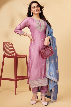 Carnation Pink Embroidered Silk Partywear Suit