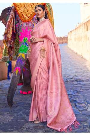 Carnation Pink Handloom Weaving Silk Saree