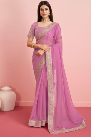 Carnation Pink Organza Saree with Embroidered Blouse