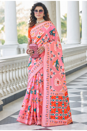 Carnation Pink Patola Weaving Silk Saree