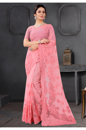 Carnation Pink Resham Embroidered Net Saree