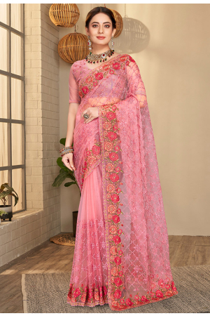 Carnation Pink Resham Embroidered Net Saree