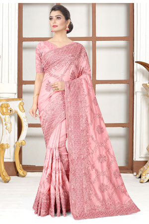 Carnation Pink Resham Embroidered Silk Saree