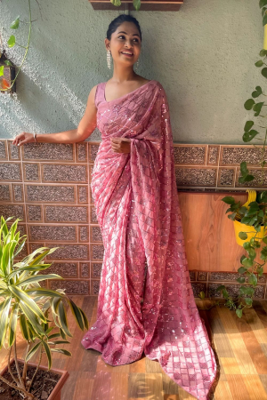 Carnation Pink Sequins Embroidered Georgette Saree