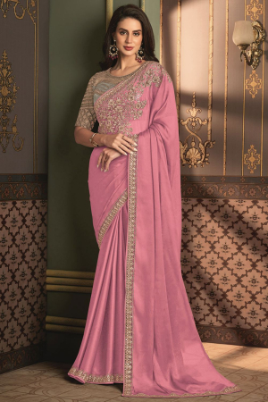Carnation Pink Silk Saree with Embroidered Blouse