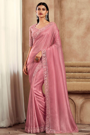 Carnation Pink Silk Saree with Embroidered Blouse