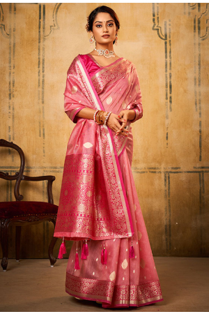 Carnation Pink Weaving Pallu Tissue Saree