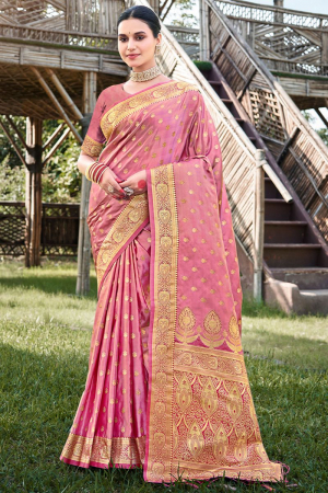 Carnation Pink Woven Satin Silk Saree