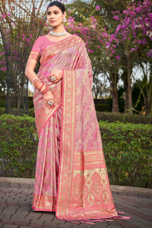 Carnation Pink Woven Satin Silk Saree