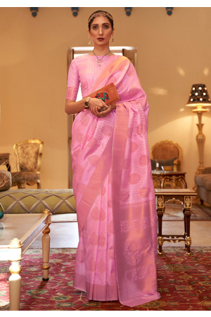 Carnation Pink Zari Weaving Silk Saree