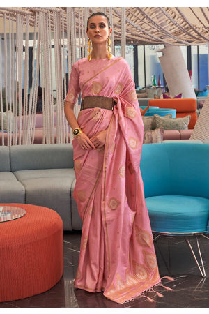 Carnation Pink Zari Weaving Silk Saree