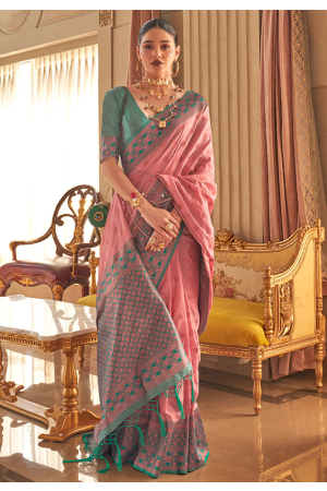 Carnation Pink Zari Woven Handloom Silk Saree