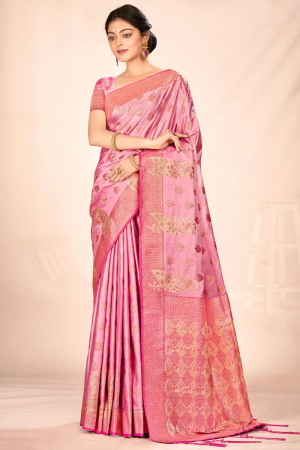 Carnation Pink Zari Woven Satin Silk Saree