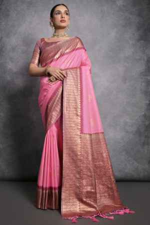 Carnation Pink Zari Woven Tussar Silk Saree