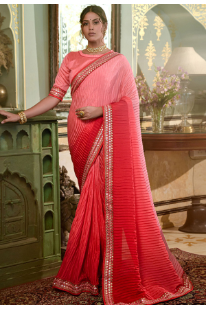 Carrot Red and Coral Pink Embellished Chinnon Saree