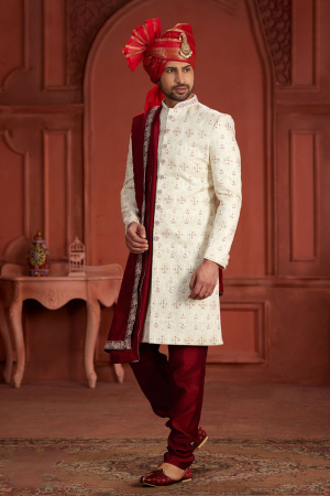 Cream Pure Silk Wedding Wear Sherwani