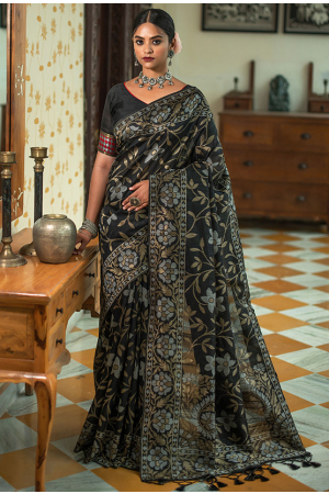 Charcoal Black Jamdani Design Tussar Silk Saree