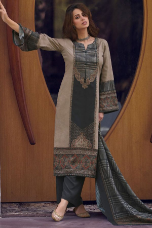 Charcoal Grey and Beige Pure Lawn Cotton Trouser Kameez