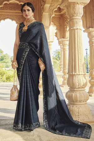 Charcoal Grey Embroidered Saree for Ceremonial