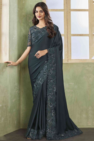 Charcoal Grey Silk Saree with Embroidered Blouse