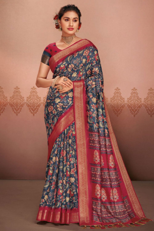 Charcoal Grey Woven Silk Saree for Festival
