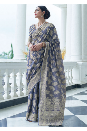 Charcoal Lucknowi Woven Silk Saree