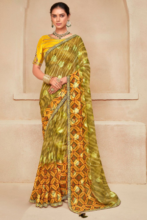Chartreuse Green and Mustard Georgette Saree with Embroidered Blouse