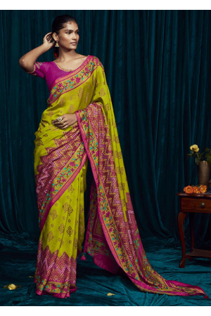 Chartreuse Green Brasso Saree with Embroidered Blouse