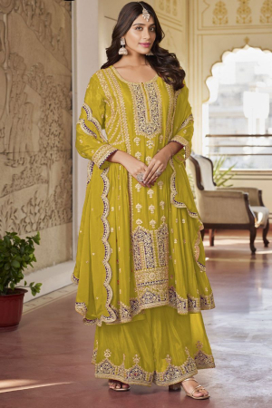 Chartreuse Green Embroidered Chinnon Designer Palazzo Suit