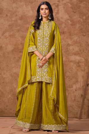 Chartreuse Green Embroidered Chinnon Silk Palazzo Kameez