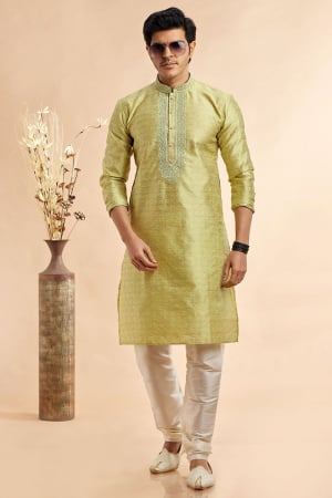 Chartreuse Green Embroidered Jacquard Art Silk Kurta Set