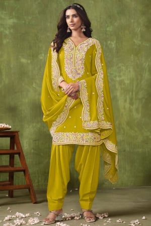 Chartreuse Green Embroidered Silk Patiala Kameez for Festival